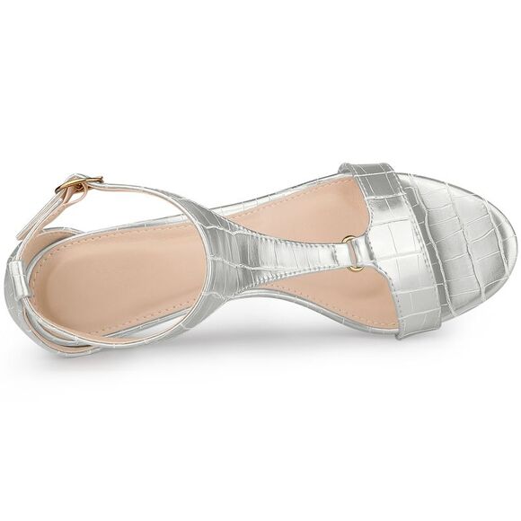 Women's T Strap Embossed Kitten Heel Sandals Silver - Picture 4 of 6